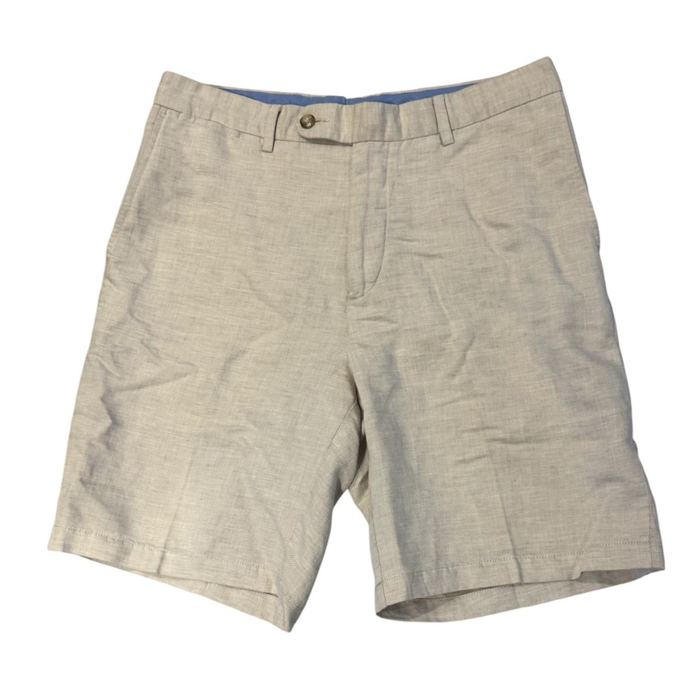 Peter Millar Tan Flat Front Linen 9” Shorts Classic Tailored Design Sz 34 EUC